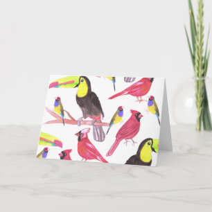Red cardinals, toucans and gouldian finches card