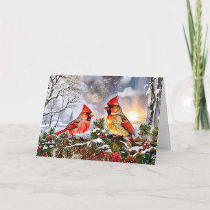 Red Cardinals with Wild Berries Winter Landscape Holiday Card