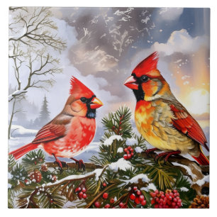 Red Cardinals with Wild Berries Winter Landscape Tile