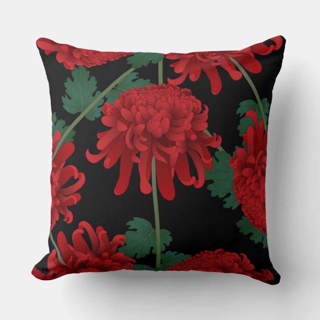 Red Carnation Floral Reversible Pillow (Front)