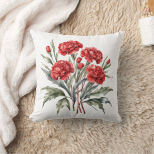 Red Carnations Floral Flowers Watercolor Throw Pillow
