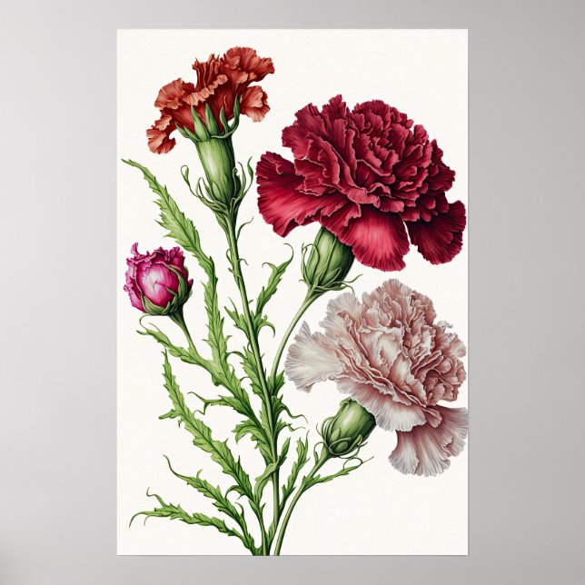 Red Carnations Flower Art Print Poster (Front)