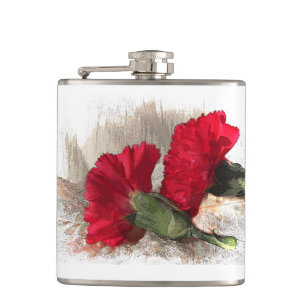 Red Carnations on Brocade Hip Flask