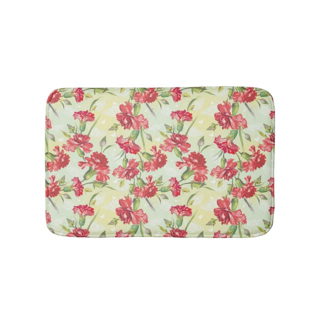 Red Carnations on green with butterflies Bath Mat (Front)