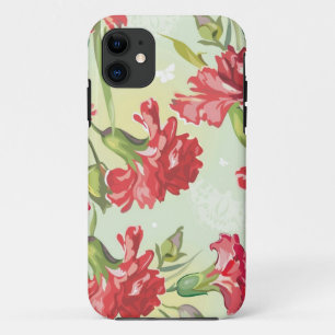 Red Carnations on green with butterflies iPhone 11 Case