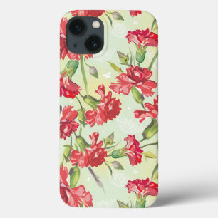 Red Carnations on green with butterflies iPhone 13 Case