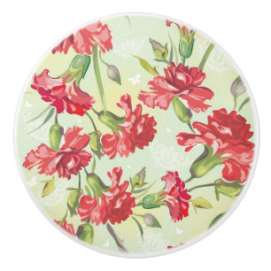 Red Carnations on green with butterflies Ceramic Knob