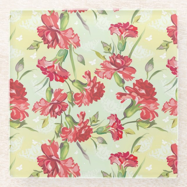 Red Carnations on green with butterflies Glass Coaster (Front)