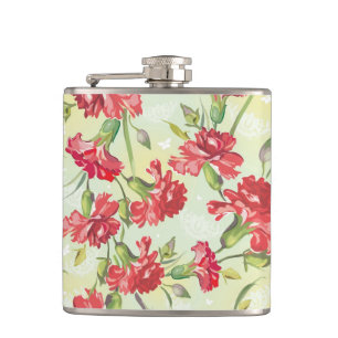 Red Carnations on green with butterflies Hip Flask