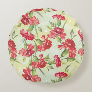 Red Carnations on green with butterflies Round Pillow