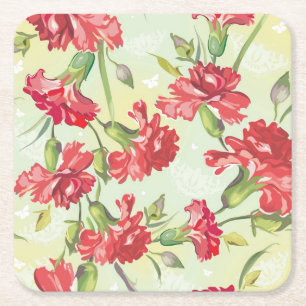 Red Carnations on green with butterflies Square Paper Coaster