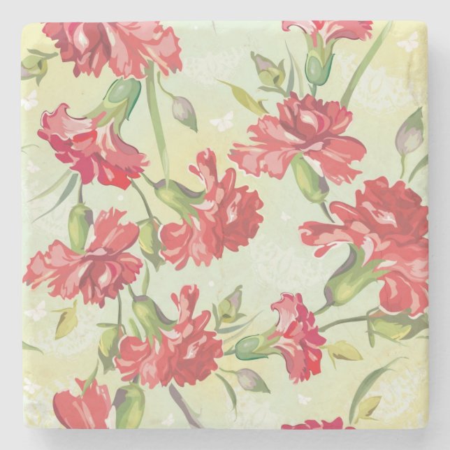 Red Carnations on green with butterflies Stone Coaster (Front)