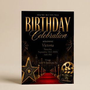 Red Carpet Black & Gold Hollywood Bitrhday Party Invitation