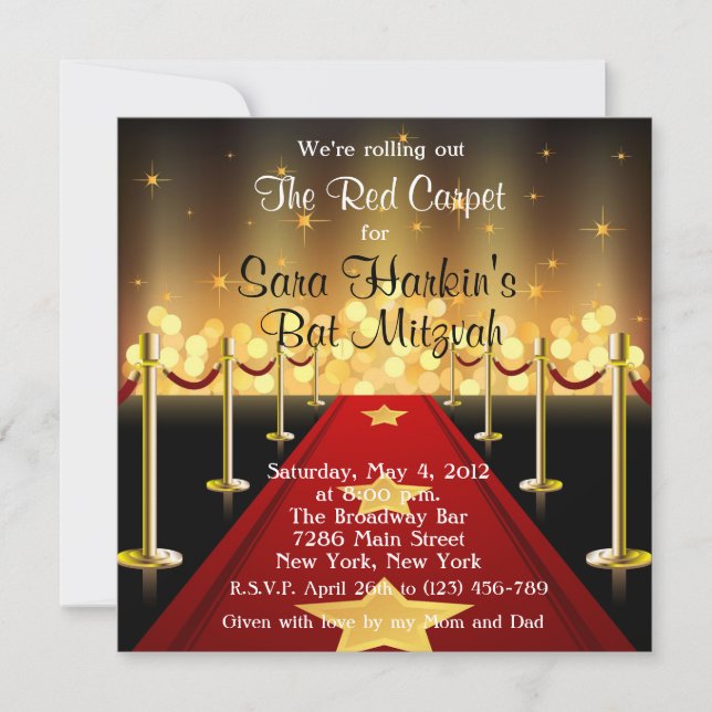 Red Carpet Hollywood Bat Mitzvah Birthday  Invite (Front)