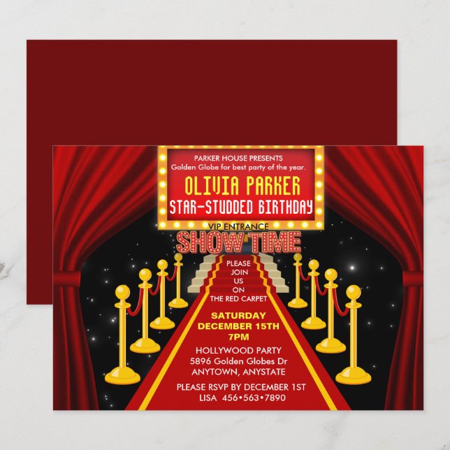 Red Carpet | Hollywood | Birthday Celebration Invi Invitation (Front/Back)