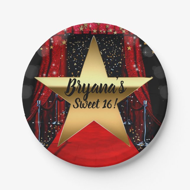 Red Carpet Hollywood Gold Stars Birthday Party Paper Plate (Front)