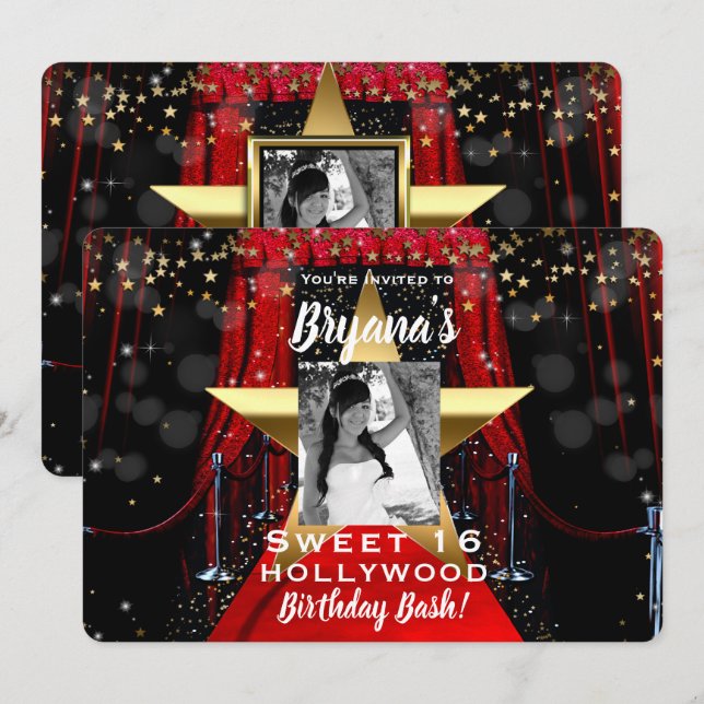 Red Carpet Hollywood Gold Stars Photo Party Invitation (Front/Back)
