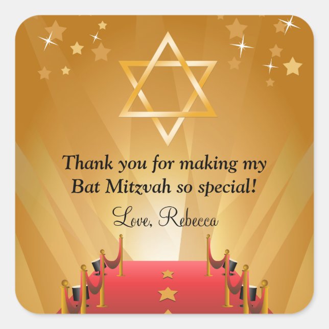 Red Carpet Hollywood Star Bat Mitzvah Favours Square Sticker (Front)