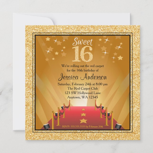 Red Carpet Hollywood Star Gold Sweet 16 Birthday Invitation (Front)