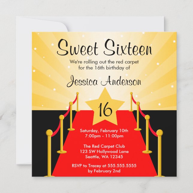 Red Carpet Hollywood Sweet 16 Birthday Party Invitation (Front)