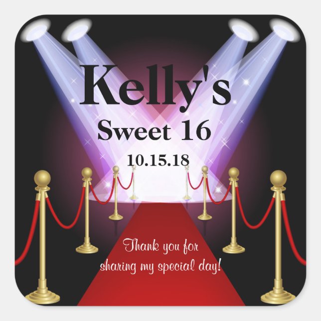 Red Carpet Hollywood Sweet 16 Party Favour Labels (Front)