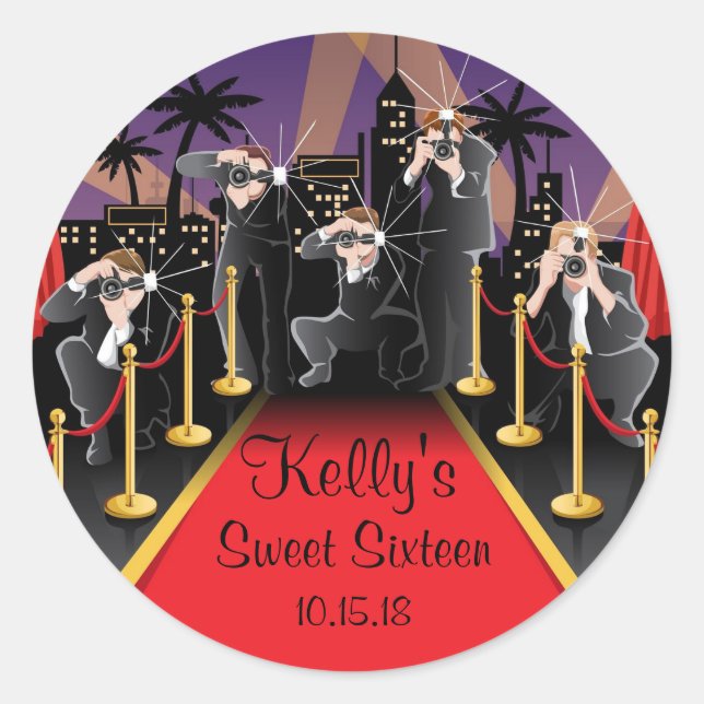 Red Carpet Hollywood Sweet 16 Party Favour Labels (Front)