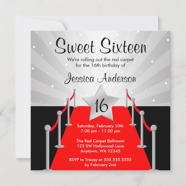 Red Carpet Silver Hollywood Sweet 16 Birthday Invitation (Front)
