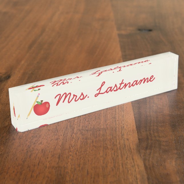 Red Cartoon Apple And Yellow Pencil & Custom Name Nameplate (Side)