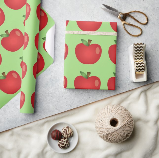 Red Cartoon Apple On Green Wrapping Paper (Crafts)