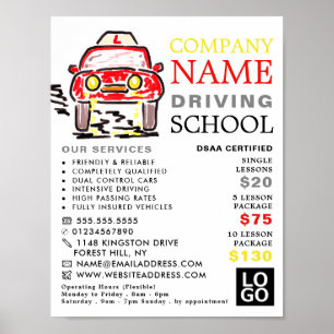 Red Cartoon Car, Driving School, Instructor Advert Poster