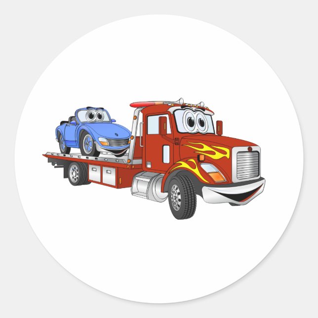 Red Cartoon Flatbed Tow Truck Classic Round Sticker (Front)