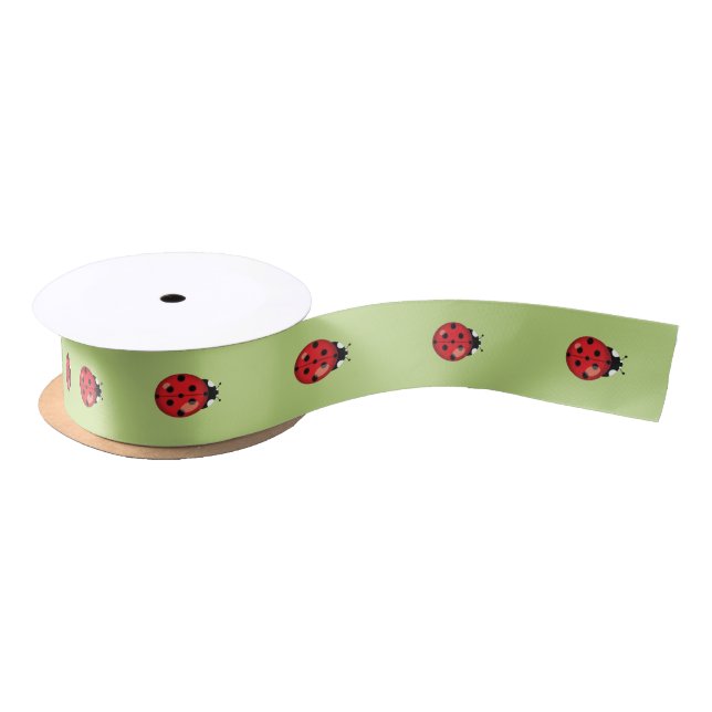 Red Cartoon Ladybugs On Green Satin Ribbon (Spool)