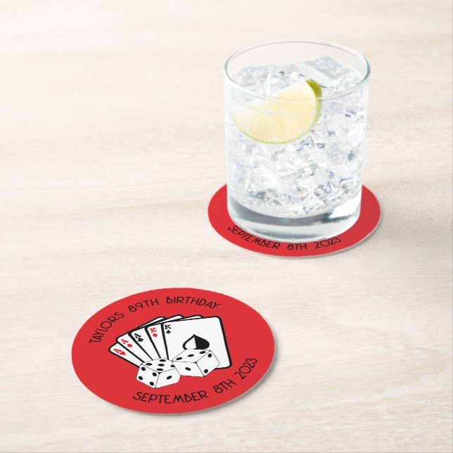 Red Casino Birthday Party Paper Coasters (Insitu)