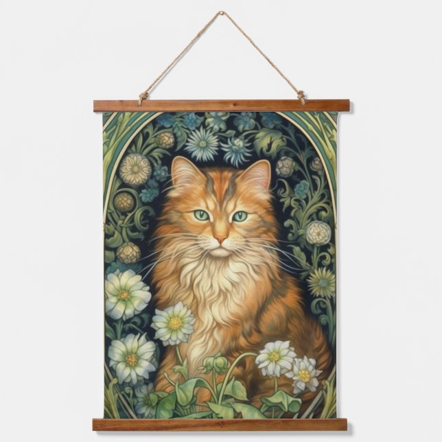 Red cat in the garden art nouveau hanging tapestry (Front)