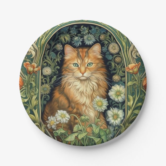 Red cat in the garden art nouveau  paper plate (Front)
