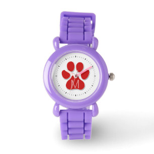 Red Cat Paw with White Monogram and Black Ticks Watch