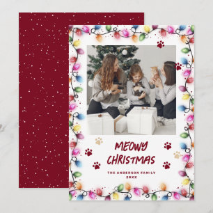 Red Cat Paws Christmas Lights Photo Meowy Holiday Card