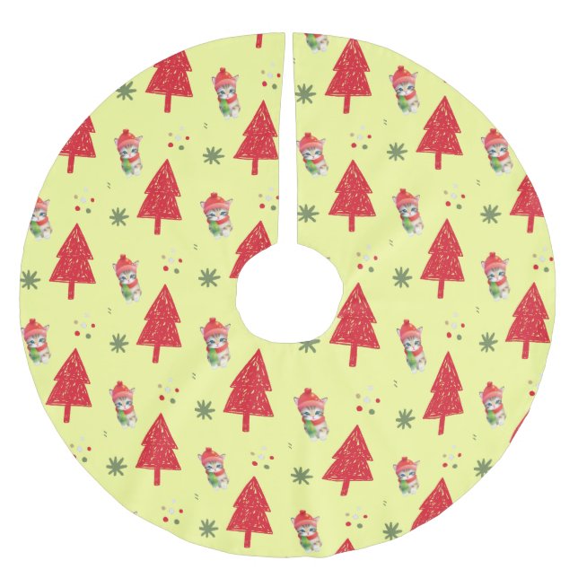 Red cat Santa Xmas tree Seamless pattern Brushed Polyester Tree Skirt (Front)