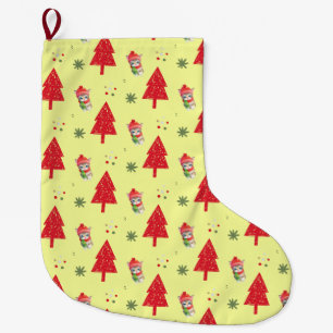 Red cat Santa Xmas tree Seamless pattern Large Christmas Stocking