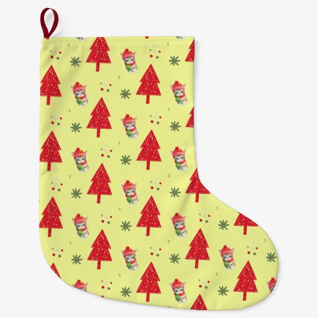 Red cat Santa Xmas tree Seamless pattern Large Christmas Stocking (Front)