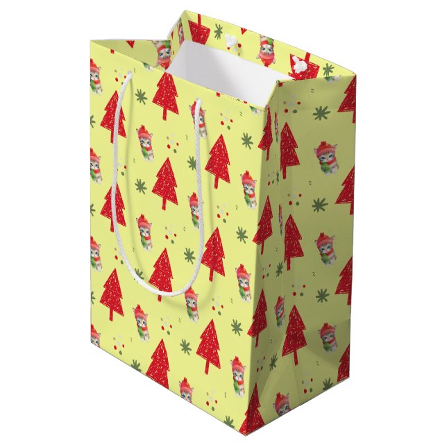 Red cat Santa Xmas tree Seamless pattern Medium Gift Bag (Back Angled)
