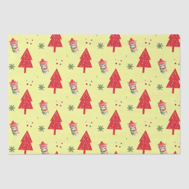 Red cat Santa Xmas tree Seamless pattern Tissue Paper (Front)