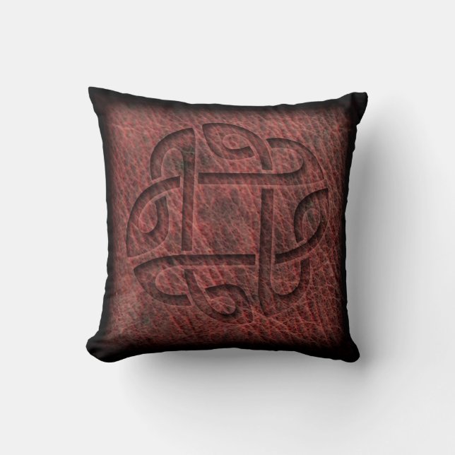 Red celtic knot embossed on leather throw pillow (Front)