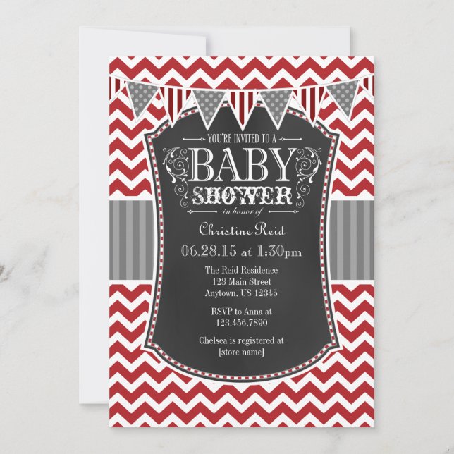 Red Chalkboard Chevron Baby shower Invitation (Devant)