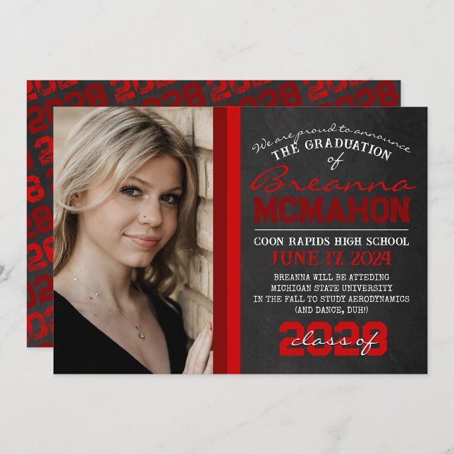 Red Chalkboard - Faire-part de graduation photo ( Repeating Class Year 1 & 2 Photo Graduation Invitations & Announcements)