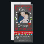 Red Chalkboard Merry Christmas Holiday Photo Card<br><div class="desc">Merry Christmas holiday photo cards with a chalkboard look background, lots of red swirls and text that reads Merry Christmas, a string of colourful tree lights in various colours, red and green hanging ornaments, and areas you can customize these beautiful and bright holiday photo cards with your photo and names!...</div>
