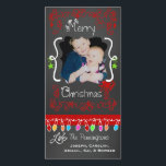 Red Chalkboard Merry Christmas Holiday Photo Card<br><div class="desc">Merry Christmas holiday photo cards with a chalkboard look background, lots of red swirls and text that reads Merry Christmas, a string of colourful tree lights in various colours, red and green hanging ornaments, and areas you can customize these beautiful and bright holiday photo cards with your photo and names!...</div>