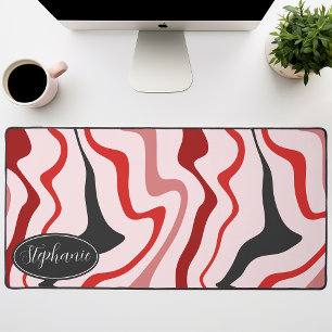 Red, Charcoal Grey, And Blush Retro Groovy Waves Desk Mat