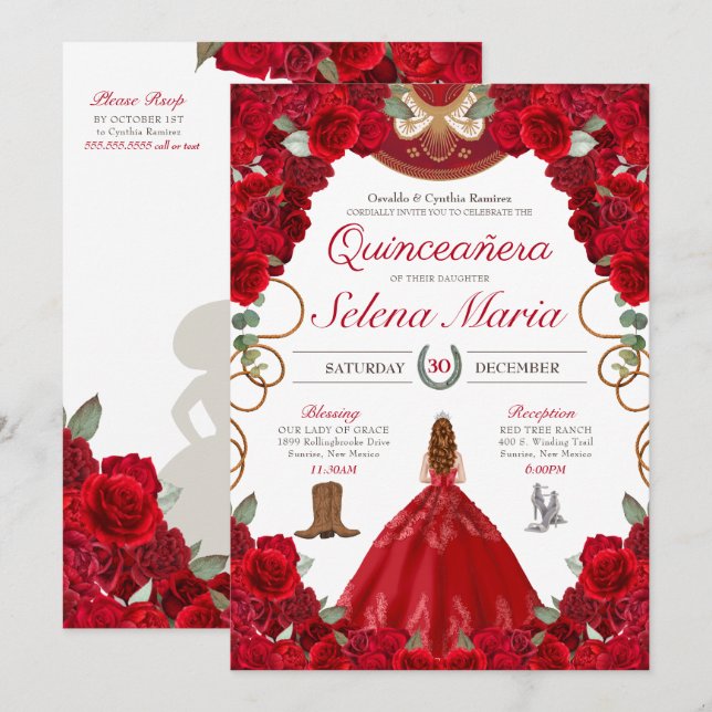 Red Charro Elegant Peonies Roses Quinceanera Invitation (Front/Back)