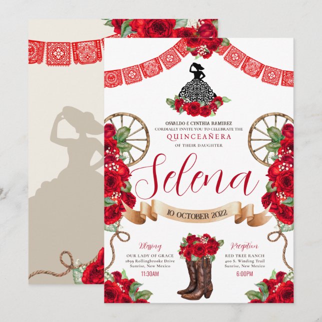 Red Charro Quinceanera Papel Picado Western Roses Invitation (Front/Back)